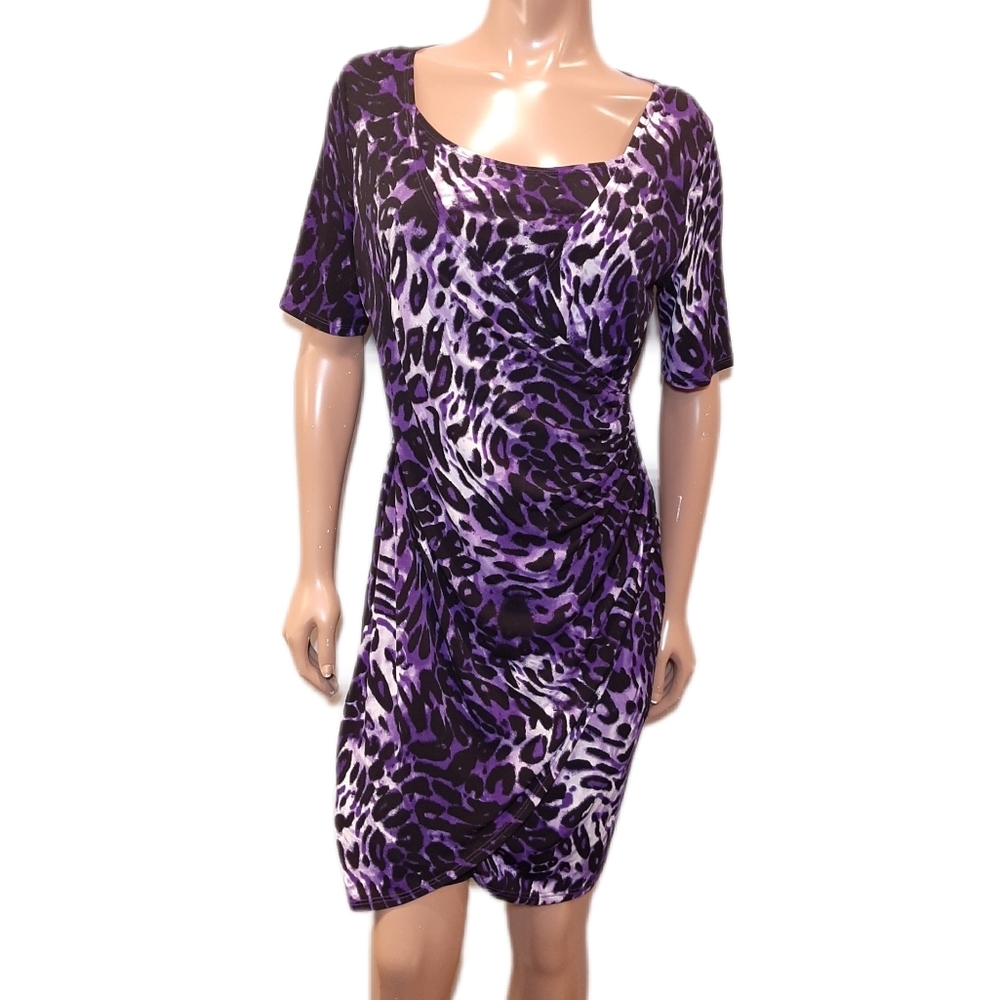 Allison Daley Faux Wrap Dress Short Sleeve Purple Leopard Womens Size 8P Petite